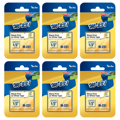 Picture of 6-Pack M-K231 M Tape Compatible Label Tape Replacement for Brother P-Touch M231 MK231 M-231 M-K231S 12mm 0.47'' White Work with Brother Ptouch PT-65 PT-M95 PT-90 PT-70 PT-80 PT-70BM PT-45 Label Maker