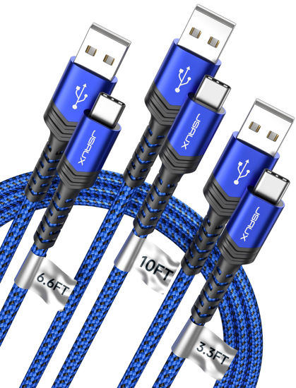 Picture of JSAUX USB-C Cable Fast Charging 3-Pack(10ft+6.6ft+3.3ft), iPhone 16 Charger USB A to Type C Charge Cord for iPhone 16/16 Pro/16 Pro Max/15, Samsung Galaxy S23 S22 S20, Note 20 10, USB C Charger(Blue)