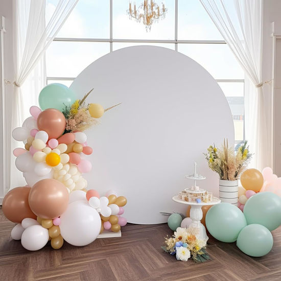Picture of Haefoo 7.2FT White Round Backdrop Cover for 5 to 7.2ft Circle Arch Stand - Adjustable Wrinkle Free Circle Backdrop Cover for Birthday, Wedding, Baby Shower Photography Party Background Decor