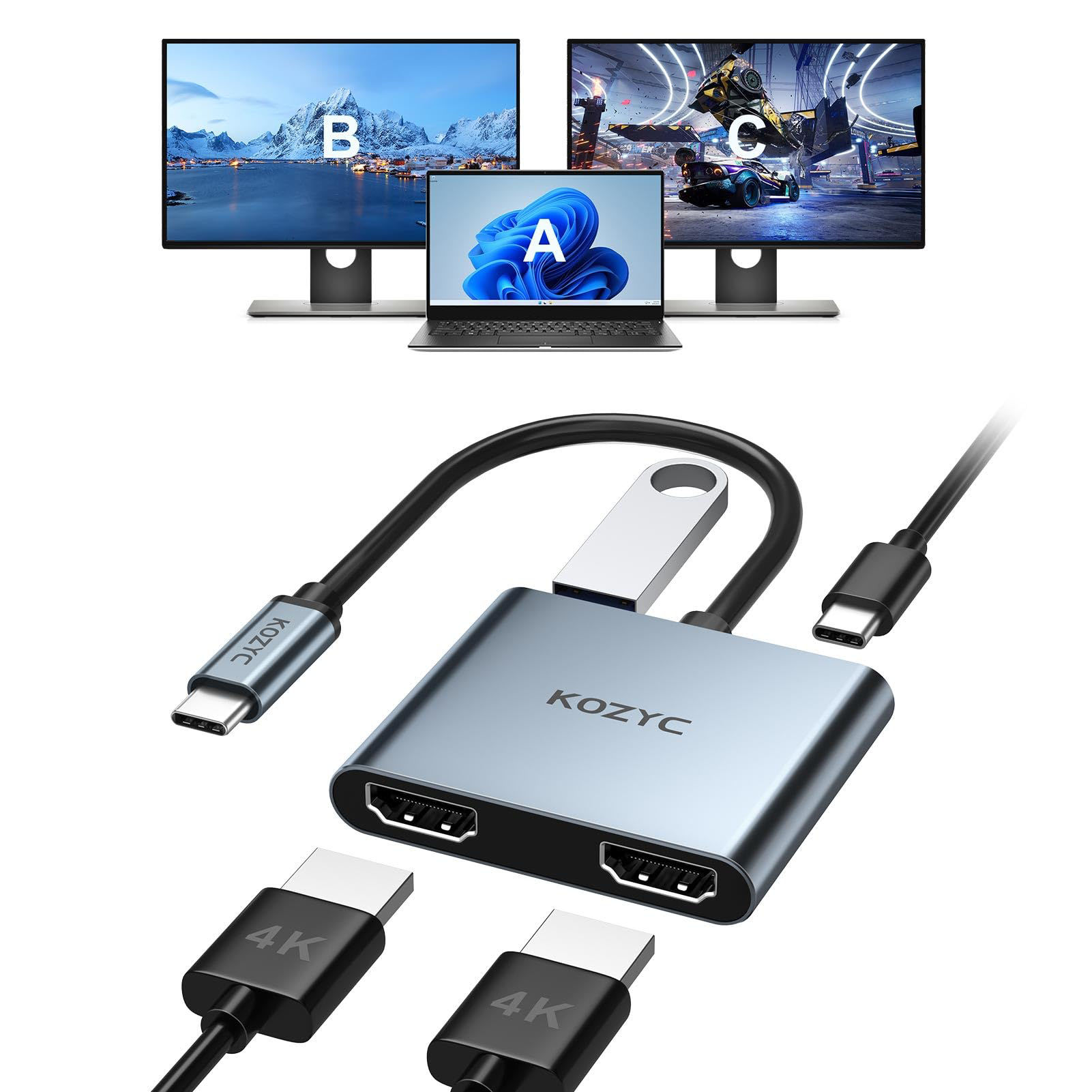 GetUSCart USB C to Dual HDMI Adapter 4K30Hz, KOZYC USB C Hub