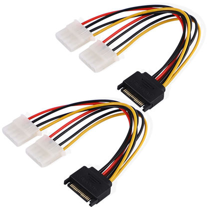 Picture of Cuziss 2Pack 8" SATA 15-Pin Male to Dual 4-Pin Molex Female Power Y Splitter Cable Adapter Hard Drive HDD SSD