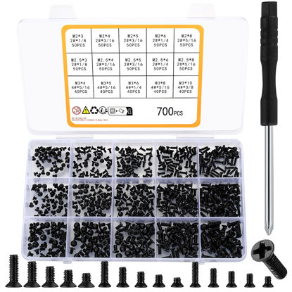 Picture of 700 Pcs Flat Head Machine Screws, Countersunk Head Phillips Screw Bolts, 2# 4# Black Computer Motherboard Screws Assortment Kit for HDD SSD Hard Drive PC Fan PC Case Screws