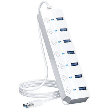Picture of ONFINIO USB Hub 3.0, 7-Port USB Hub Splitter with Individual On/Off Switches and Lights, 3.2ft/1m Long Cable Compatible with MacBook, Laptop, Surface Pro, PS4, PC, Flash Drive, Mobile HDD-White