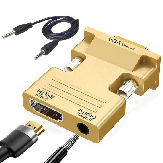 Picture of Seminer HDMI to VGA Adapter, 1080P HDMI Female to VGA Male Audio Video Cable Converter with 3.5mm Audio Cable for Computer, Desktop, Monitor, HDTV Etc (Gold)