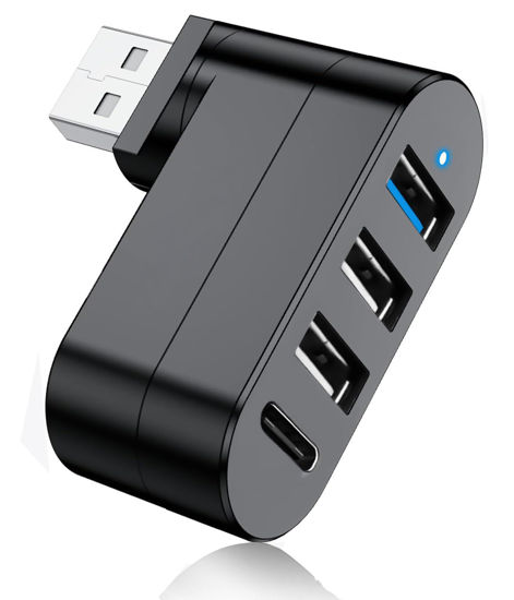 Picture of USB 3.0 Hub [90°/180° Degree Rotatable], 4-Port USB Splitter Extender with 3 USB Ports & 1 USB C Power/Data Port, USB Hub for Laptop, Car, MacBook Pro/Air/Pro