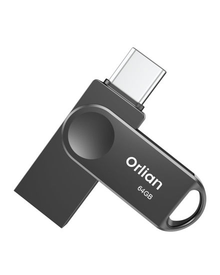 Picture of Orlian 64GB USB C Flash Drive, Dual Drive USB 3.0 and Type C Thumb Drive Up to 110MB/s Read Metal Waterproof Swivel Design Portable for PC Laptop Tablet Android Smartphone iPhone 15 and More, Black
