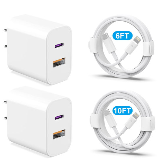 Picture of Phone Charger 2 Pack 20W Dual Port QC + PD 3.0 Power Adapter Fast Wall Charger Block with 6FT&10FT Type C to Lightning Cable for iPhone 14 13 12 11 Pro Max XR XS X,iPad More