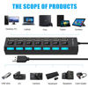 Picture of Multi Port Splitter, 7 Port USB 2.0 Hub, USB A Port Data Hub with Independent On/Off Switch and LED Indicators, Lights for Laptop, PC, Computer, Mobile HDD, Flash Drive and More (Black 2.0)