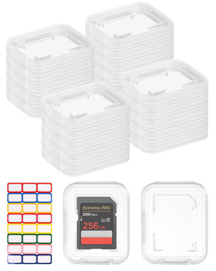 Picture of Pineraap 20PCS Clear SD Card Holder, Plastic Memory Card Case with Colorful Label Stickers Standard SDHC SDXC Micro SD Cards Organizer Portable Photography Storage Accessories
