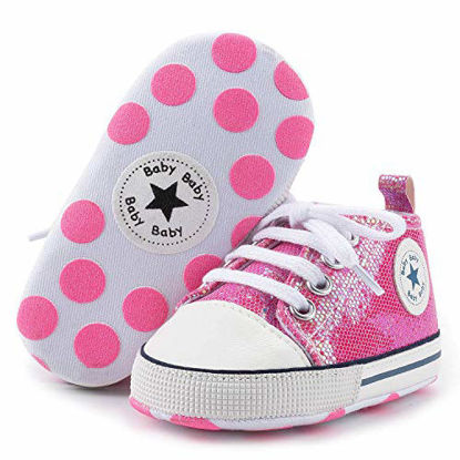 Picture of KIDSUN Tutoo Unisex Baby Boys Girls High Top Sneaker Soft Anti-Slip Sole Newborn Infant First Walkers Canvas Denim Shoes - Size: 12-18 Months Infant