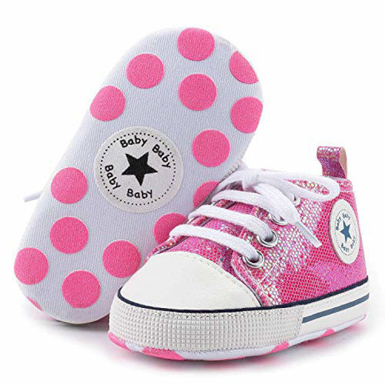 Picture of KIDSUN Tutoo Unisex Baby Boys Girls High Top Sneaker Soft Anti-Slip Sole Newborn Infant First Walkers Canvas Denim Shoes - Size: 12-18 Months Infant