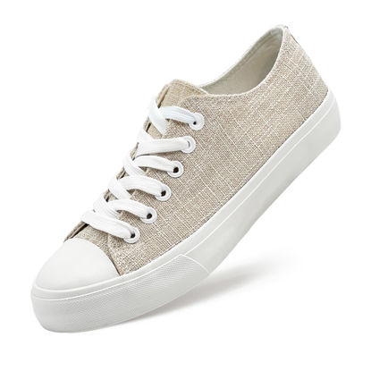 Picture of soofylia Canvas Shoes for Women Low Top Women's Fashion Sneakers Casual Tennis Shoes Classic Walking Shoes Beige on Linen 230 - Size: 6