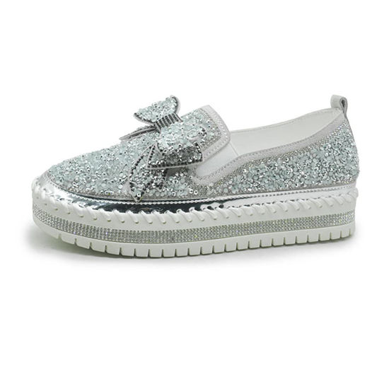 Picture of N/AB Women's Casual Fashion Platform Rhinestones Glitter Slip On Sneakers Cute Bowknot Flat Walking Loafers Platform Dress Shoes Silver 39 - Size: 8