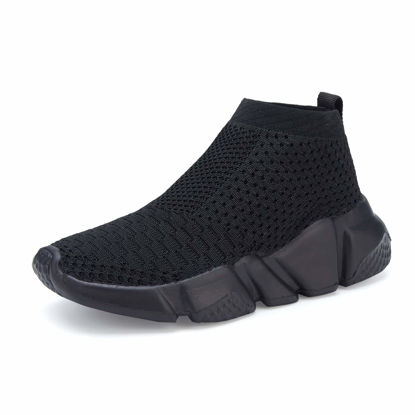 Picture of CHUI Boys Girls All Black Casual Fashion Sock Sneakers Knitted Shoes Running Shoes Lightweight Breathable Tennis Shoes Sports Walking Non Slip Shoes Slip-on Shoes(Big/Little) Kids Size 1 M US - Size: 1 Little Kid