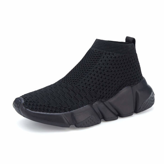 Picture of CHUI Boys Girls All Black Casual Fashion Sock Sneakers Knitted Shoes Running Shoes Lightweight Breathable Tennis Shoes Sports Walking Non Slip Shoes Slip-on Shoes(Big/Little) Kids Size 1 M US - Size: 1 Little Kid