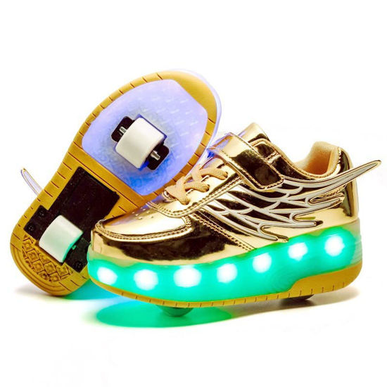 Picture of HOVERKICKES Fashion Kids Roller Shoes - Premium Skate Shoes with Wheels for Girls - USB Rechargeable LED Sneakers for Boys Gold - Size: 11.5 Little Kid