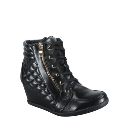 Picture of Forever Link Women's Fashion High Top Lace Up Wedge Sneaker Shoes Peggy-64 Black Pu 8.5 - Size: 8.5