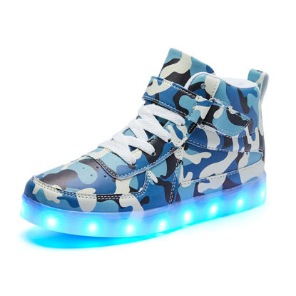 Picture of Bepoaa Kids LED Light up Shoes USB Charging Flashing Light Up High-top Sneakers for Boys and Girls Child Unisex (Camo Blue, Numeric_8_Point_5) - Size: 8.5 Toddler