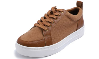 Picture of FEVERSOLE Women's Winter Vegan Leather Lightweight Platform Lace-Up Street Sneakers Camel Faux Woolen PU Platform Size 8.5 M US - Size: 8.5