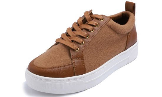 Picture of FEVERSOLE Women's Winter Vegan Leather Lightweight Platform Lace-Up Street Sneakers Camel Faux Woolen PU Platform Size 8.5 M US - Size: 8.5