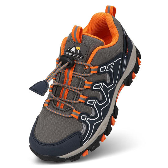 Picture of Eggseed Boys Trail Shoes Sneakers for Boys Water Repellent Outdoor Hiking Tennis Running Kids Waterproof Slip Resistant Children Casual Comfortable Size 6 Navy Blue Orange - Size: 6 Big Kid