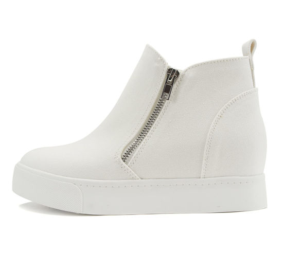 Picture of Soda Taylor Hidden Wedge Booties Fashion Sneaker Shoes Side Zipper (White Canvas, numeric_11) - Size: 11
