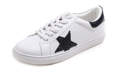 Picture of FEVERSOLE Women's Featured PU Leather Colorful Lace-Up Sneaker White Glitter Black Star Size 7 M US - Size: 7