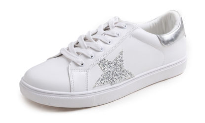 Picture of FEVERSOLE Women's Featured PU Leather Colorful Lace-Up Sneaker White Glitter Silver Star Size 10 M US - Size: 10