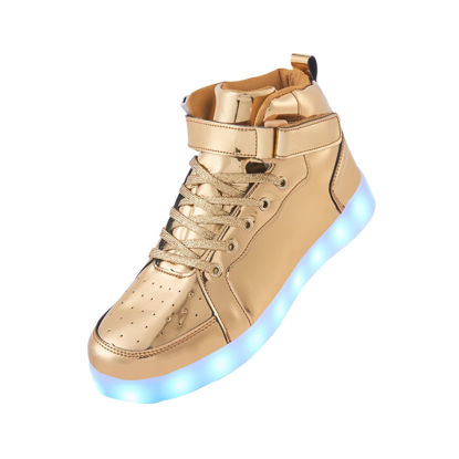Picture of PYYIQI Kids Led Shoes Light Up Sneakers Boys Girls High Top Dancing Shoes for Halloween Christmas Hip-Hop Party with USB Charging Gold 36 - Size: 4 Big Kid