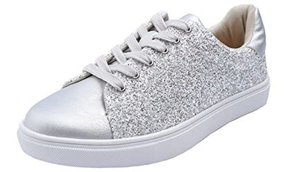 Picture of FEVERSOLE Women's Fashion Dress Sneakers Party Bling Casual Flats Embellished Shoes Ice Silver Glitter Lace Size 6 M US - Size: 6