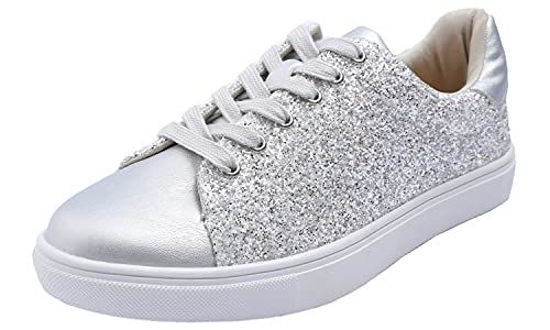 Picture of FEVERSOLE Women's Fashion Dress Sneakers Party Bling Casual Flats Embellished Shoes Ice Silver Glitter Lace Size 6 M US - Size: 6