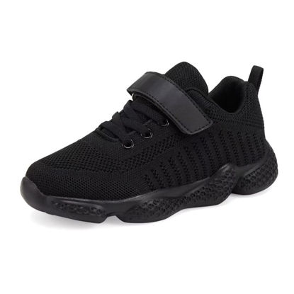 Picture of YAVY Kids Black Tennis Shoes for Girls Boys Breathable Lightweight Running Shoes Athletic Walking Shoes Fashion Knit Sneakers Full Black Size 1 - Size: 1 Little Kid