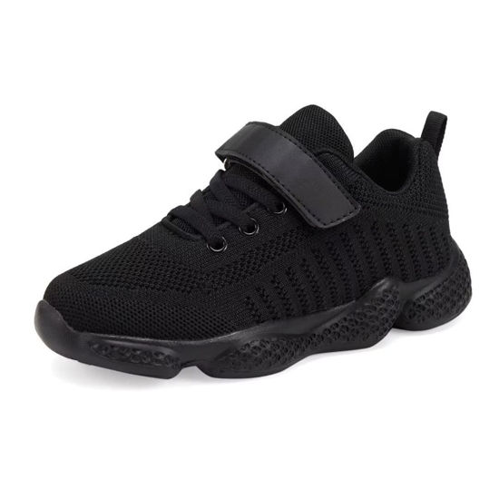 Picture of YAVY Kids Black Tennis Shoes for Girls Boys Breathable Lightweight Running Shoes Athletic Walking Shoes Fashion Knit Sneakers Full Black Size 1 - Size: 1 Little Kid