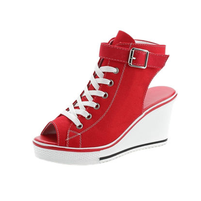 Picture of Women's Canvas High-Heeled Shoes Fashion Sneakers Casual Shoes for Walking Platform Wedges Pump Shoes red, 7 - Size: 7