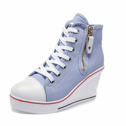 Picture of Women's Canvas High-Heeled Shoes Fashion Sneakers Casual Shoes for Walking Platform Wedges Pump Shoes Blue, 8.5 - Size: 8.5