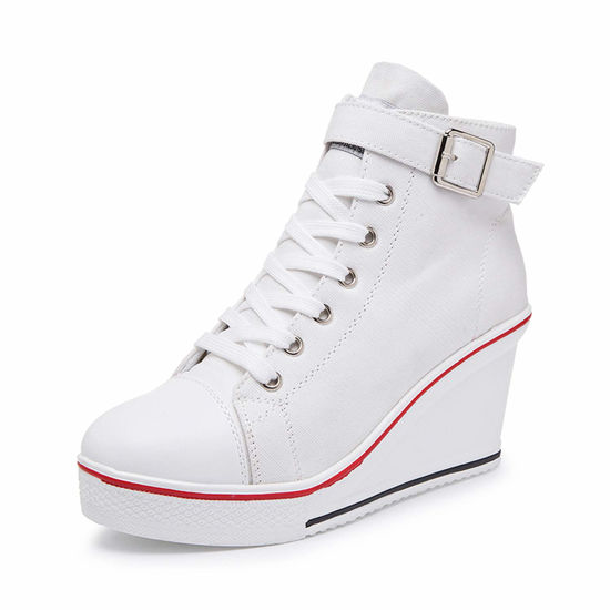 Picture of Women's Canvas High-Heeled Shoes Fashion Sneakers Casual Shoes for Walking Platform Wedges Pump Shoes White, 10 - Size: 10