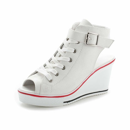 Picture of Women's Canvas High-Heeled Shoes Fashion Sneakers Casual Shoes for Walking Platform Wedges Pump Shoes White, 8 - Size: 8