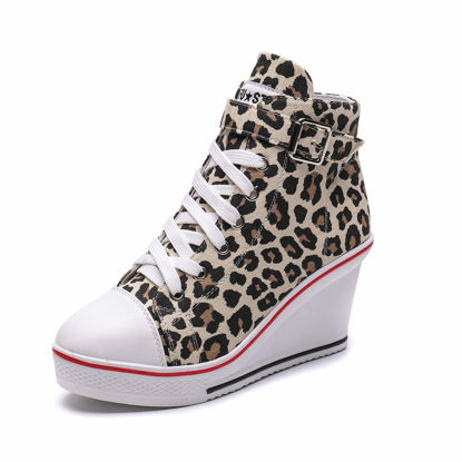 Picture of Women's Canvas High-Heeled Shoes Fashion Sneakers Casual Shoes for Walking Platform Wedges Pump Shoes Leopard, 7 - Size: 7