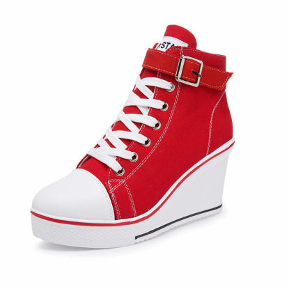 Picture of Women's Canvas High-Heeled Shoes Fashion Sneakers Casual Shoes for Walking Platform Wedges Pump Shoes red, 10 - Size: 10