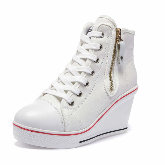 Picture of Women's Canvas High-Heeled Shoes Fashion Sneakers Casual Shoes for Walking Platform Wedges Pump Shoes White, 5.5 - Size: 5.5