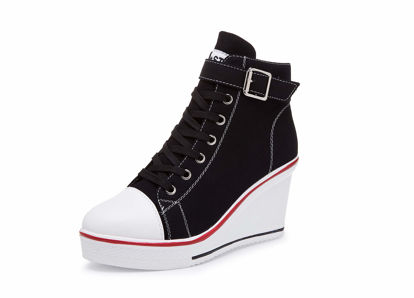 Picture of Women's Canvas High-Heeled Shoes Fashion Sneakers Casual Shoes for Walking Platform Wedges Pump Shoes Black, 5 - Size: 5