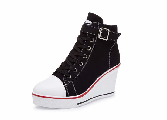 Picture of Women's Canvas High-Heeled Shoes Fashion Sneakers Casual Shoes for Walking Platform Wedges Pump Shoes Black, 5 - Size: 5