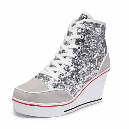 Picture of Women's Canvas High-Heeled Shoes Fashion Sneakers Casual Shoes for Walking Platform Wedges Pump Shoes White, 5.5 - Size: 5.5