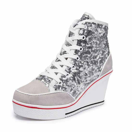 Picture of Women's Canvas High-Heeled Shoes Fashion Sneakers Casual Shoes for Walking Platform Wedges Pump Shoes White, 5.5 - Size: 5.5