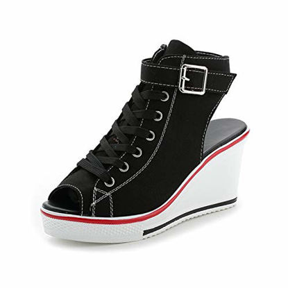 Picture of Women's Canvas High-Heeled Shoes Fashion Sneakers Casual Shoes for Walking Platform Wedges Pump Shoes Black, 9 - Size: 9