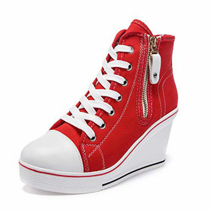 Picture of Women's Canvas High-Heeled Shoes Fashion Sneakers Casual Shoes for Walking Platform Wedges Pump Shoes red, 10 - Size: 10