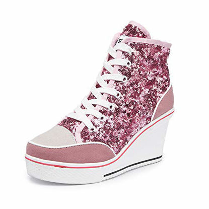 Picture of Women's Canvas High-Heeled Shoes Fashion Sneakers Casual Shoes for Walking Platform Wedges Pump Shoes Pink, 9.5 - Size: 9.5