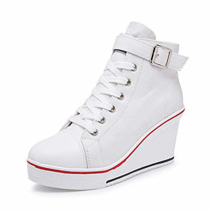 Picture of Women's Canvas High-Heeled Shoes Fashion Sneakers Casual Shoes for Walking Platform Wedges Pump Shoes White, 5 - Size: 5