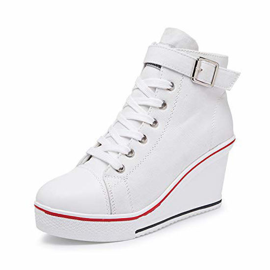 Picture of Women's Canvas High-Heeled Shoes Fashion Sneakers Casual Shoes for Walking Platform Wedges Pump Shoes White, 5 - Size: 5