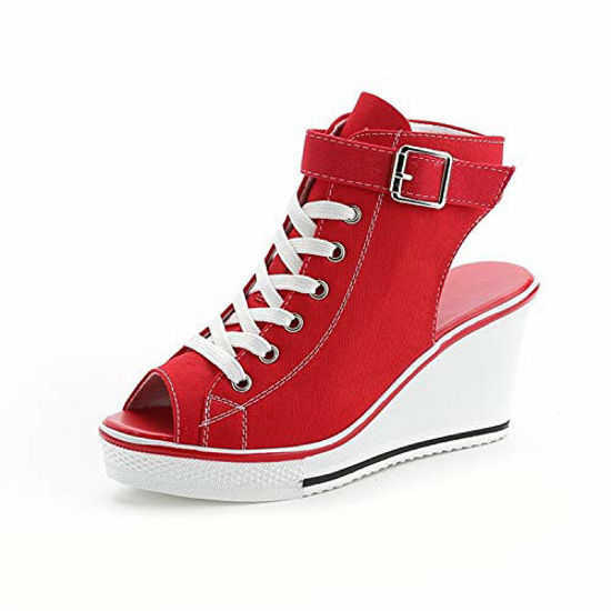 Picture of Women's Canvas High-Heeled Shoes Fashion Sneakers Casual Shoes for Walking Platform Wedges Pump Shoes red, 9 - Size: 9